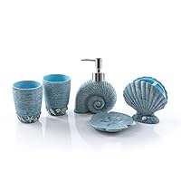 Wendin Nautical sea Themed Shells Starfish Shape Bath Accessory Set, Soap Dispenser Pump, Toothbrush Holder, Tumbler, Soap Dish