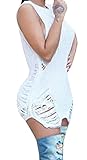 Pxmoda Women's Side Slit Ripped Knitting Pullover Loose Sweater Dress (Large, White)