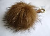 Xl Caramel Brown Fox Fur Pom Pom Ball Keyring / Bag Purse Charm Gold Ring
