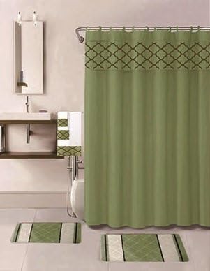 18 Piece Bath Rug Set Choose from Taupe, Teal Blue, Sage Green, Burgundy Holiday Red Geometric Desin Print Bathroom Rugs Shower Curtain/Rings and Towels Sets (Alexa Sage)