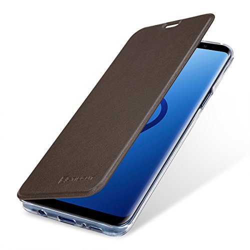 StilGut Samsung Galaxy S9+ (Plus) Case, Wallet Flip Cover with NFC/RFID Blocker for Samsung S9+ (Plus), Brown/Transparent