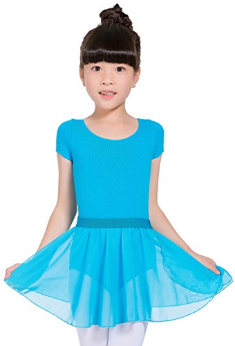 MOLLDAN Girls Athletic Dance Dress Leotard Gymnastics Short Sleeve Skirt Dancewear (2-4Years, Blue)