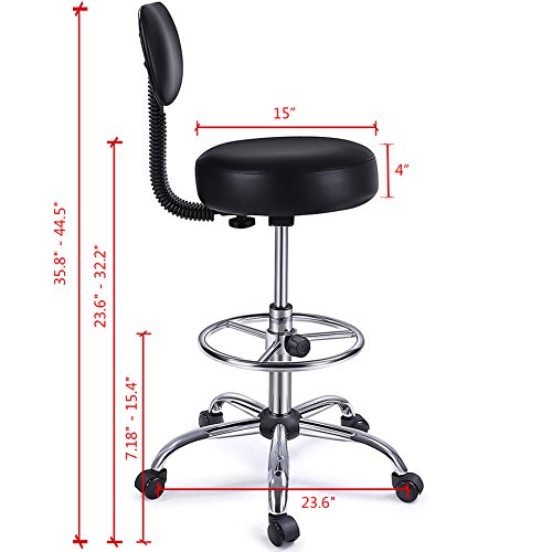 Drafting Stool with Adjustable Foot Rest, Superjare Rolling Chair w' Back Cushion, Black
