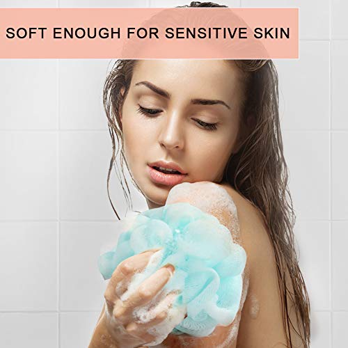 Loofah Bath Sponge,Shower Pouf Exfoliating Body Scrubber Ball Double Mesh Pouf Bath Sponges for Women and Men (Pack of 3, Multi Color)