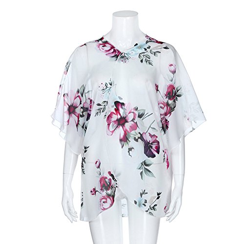 WEUIE Women Blouse Clearance Sale! Women Floral Cover Casual Blouse Tops Loose Kimono Cardigan Capes (L,White )