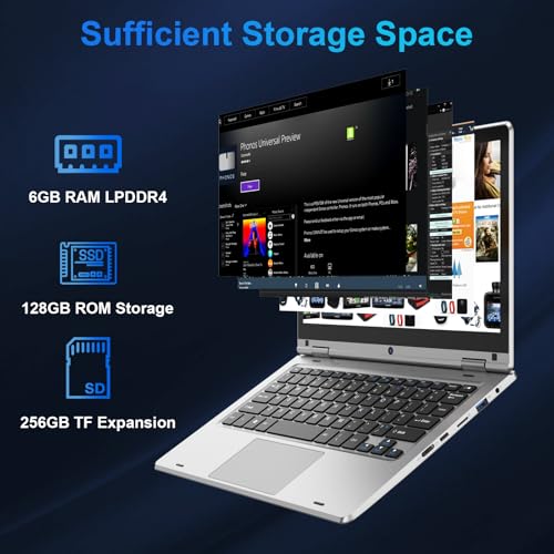 360° Folding Touch Laptop - 11.6 Inches, Laptop PC 6GB RAM 128GB SSD Celeron N4020, IPS Screen 1366 x 768, Laptop for Studies Work Leisure, Computer with Keyboard Film - Silver