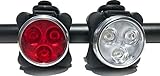 HAKAN LED USB Rechargeable Bicycle Bright Light Set | 4 Light Modes | IPX4 Water Resistant ● Mountain Bike Universal FIT with Clip & Mount Strap ● 1 White & 1 Red Lights, 2 Bands, 2 USB Plugs