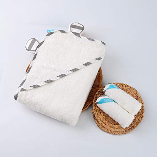 Premium Bamboo Baby Hooded Towel with Baby washcloths by YoulerTex, Ultra Soft and Absorbent Baby Bath Towel, Hypoallergenic Large Hooded Towel for Kids, Newborns, Toddlers (White)