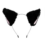 E-TING Cat Fox Long Fur Ears Headband Anime Party Costume Black with Pink Inside
