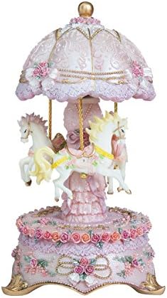Cimogifts Luxury 3-Horse Carousel Musical Box, Color Change LED Light Luminous Music Box, Pink