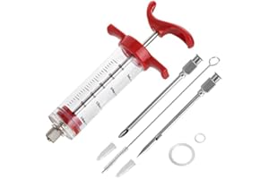 X-WLANG Premium Meat Injector, Marinade Injector Syringe with 2 Meat Needles for BBQ Grill Smoker, Turkey and Cooking 1-oz Capacity, 2 Stainless Needles, 1 Brush, Red