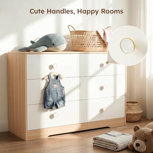 BERRY NEST Upgrade White Wood Dresser for Bedroom, 6 Drawer Dressers with Solid Wood Legs, Baby Dresser for Kids, Storage for Clothes and Baby Essentials