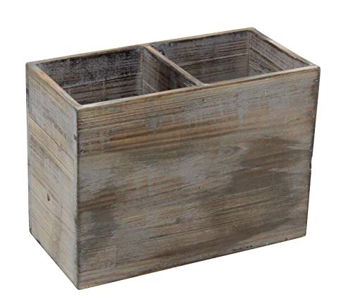 Vintage Rustic Barnwood Torched Wood Kitchen Utensil Holder - Organizer Caddy Box For Cooking, Silverware, Flatware, Sauce Spoon, Tongs, and More