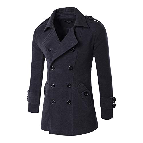 Little Adam New Men's Spring Autumn Overcoat for Man Wool & Blends Double Breasted Peacoat Trench Coat Men Slim fit,Dark Grey,M