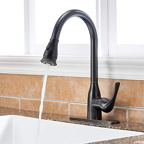Solid Brass Single Handle Pull Out Sprayer Oil Rubbed Bronze Kitchen Faucet, Pull Down Kitchen Sink Faucet With Deck Plate - Thumbnail 3