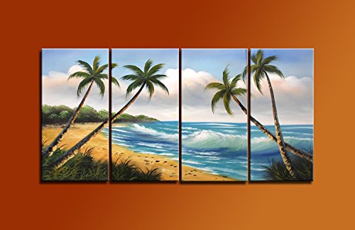 Ode-Rin Art - 100% Hand Painted Sunshine Beach 4 Pieces Wall Art Coconut Trees Seascape Framed Oil Painting for Living Room Home Decorations, Ready to Hang - (12"x24" x 4 Panels)