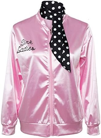 Fancycloth 50S Grease T-Bird Danny Pink Ladies Satin Jacket Costume with Polka Dot Scarf
