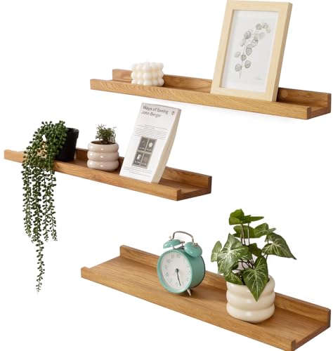 Gieanoo Bilderleiste Holz, Eiche Wandregal Holz 3er-Set Regal Massiv Schweberegal gewürzregal regalbrett Hängeregal Ideal für Wohnzimmer Schlafzimmer 