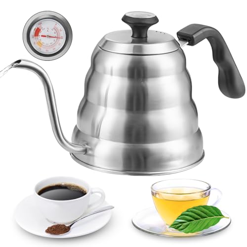 Hervidor de Agua con Termómetro 1.2L, Café Tetera de Cuello de Cisne Acero Inoxidable para Verter sobre Café, Mango Antioxidante, Cafe Goteo a Mano, Prensa Francesa Hervidor de Té para Estufa Cafetera