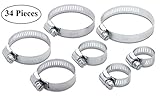 34 Piece Assorted Hose Clamp Set - Zinc Plated Worm Gear Clamp Ideal For Plumbing, Automotive And Mechanical Applications – Includes 8 Sizes - By Katzco