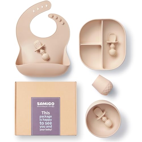 Photo 1 of SAMiGO Silicone Baby Feeding Set, Suction Plate Bowl Set, Self Feeding Spoons, Bib, Cup, Baby Led Weaning Supplies, First Stage Feeding Essentials, Food Eating Utensils, 6+ Months