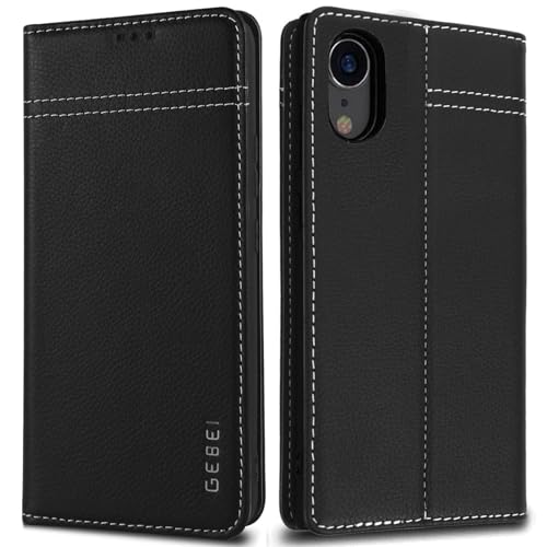 Gebei Hülle Echt Leder für iPhone XR - Premium Lederhülle Klapphülle mit Standfunktion und Kartenfächer Flip Case Ledertasche für iPhone XR - 6,1 Zoll