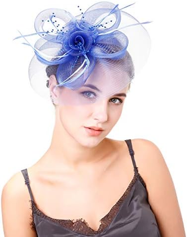 Fascinators Hat Hair Clip Hair Accessory Mesh Ribbons Feather Flowers Elegant Bride Headwear Cocktail Tea Party Wedding Derby Headpiece for Girls and Women,Blue