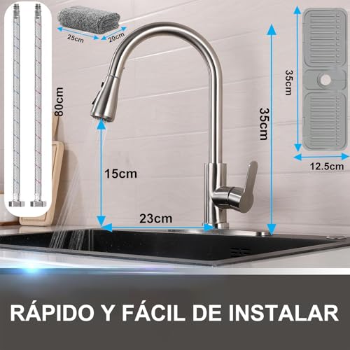 Grifo Mezcladora para Fregadero de Cocina de Acero Inoxidable, 360º Giro Mezcladora para Fregadero, Llave para Fregadero de Acero Inoxidable con 2 Modos de Agua (Plata)
