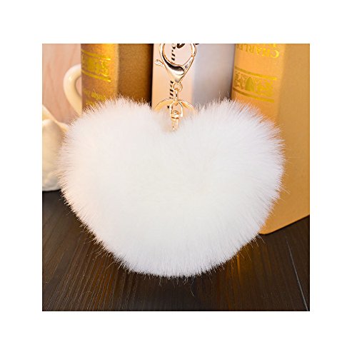 Girl Cute Soft Faux Rabbit Fluffy Fur Ball Key Chain Handbag Accessories Phone Pendant Sweet as Gift (White Heart)