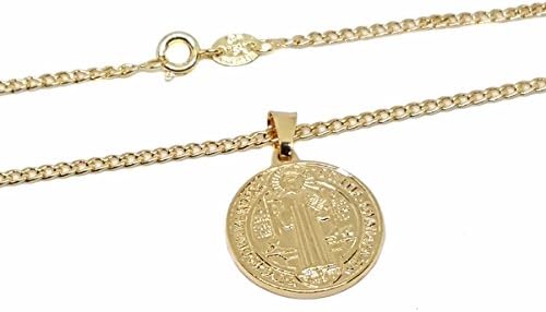 1-2291-1774-f9 18kt Brazilian Gold Overlay San Benito Medallion Necklace. 20mm pendant. Curblink Chain is 2.25mm by 24 inches.