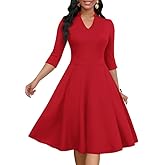 MarryUP Church Dress for Women V Neck 3/4 Sleeve Midi Causal Cocktail Party A-Line Dresses with Pockets