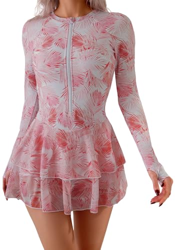 SEAUR Women Long Sleeve One Piece Skirted Swimsuit Zip Up Rash Guard Printed Modest Bathing Suits Ladies Padded Quick Drying Swimming Dress with Built in Shorts