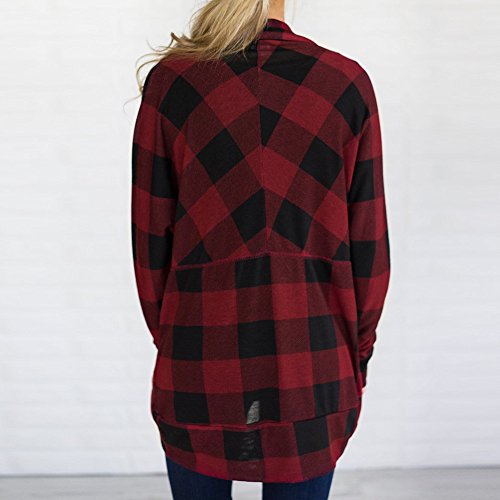 WUAI Womens Palid Shirts Long Sleeve Lattice Print Ladies Casual Cardigan Fashion Outweat(Red ,Size M) - Thumbnail 3