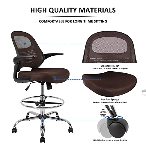 HYLONE Drafting Chair, Tall Office Chair for Standing Desk, Brown Mesh