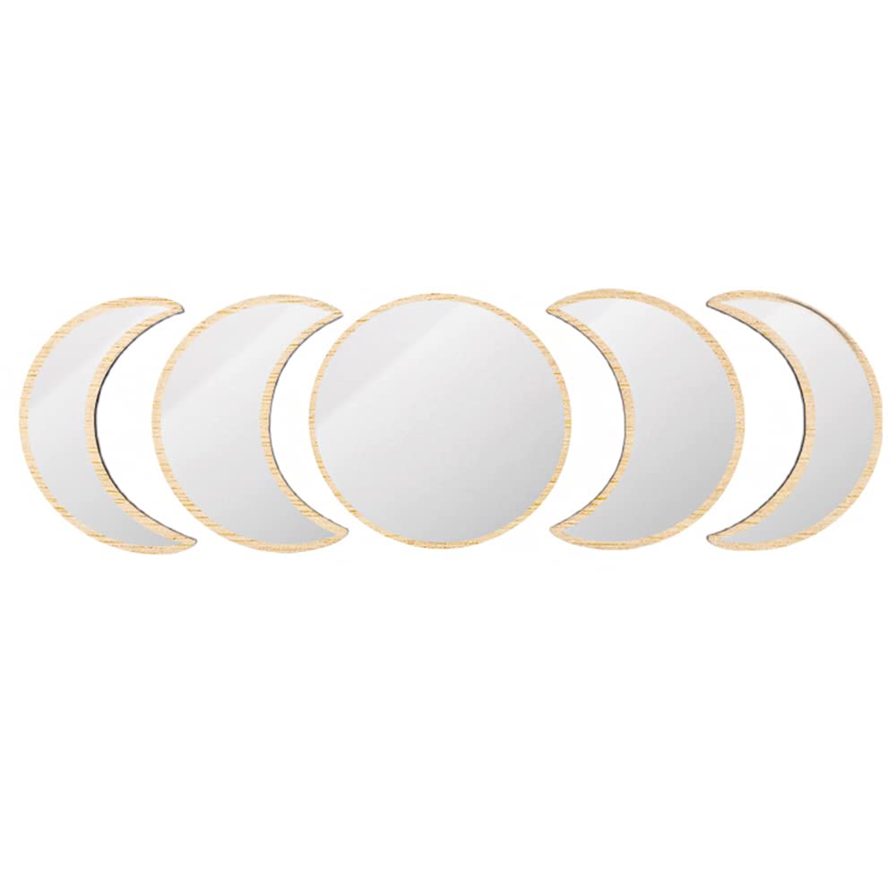 Tiardey 5Pcs Moon Phase Mirror Set, Crescent Moon Mirror Wall Decor Bedroom, Bohemian Natural Scandinavian Home Decor Decorative Mirror Moon Phase Wall Decor