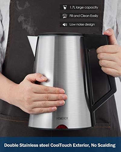 HOMEVER Bouilloire Électrique, INOX 1.7L Ébullition Rapide pour Le Thé, Acier Inoxydable,Arrêt Automatique, Bouilloire sans BPA, Protection Anti-ébullition à Sec,1800W[Classe Énergétique A+++]