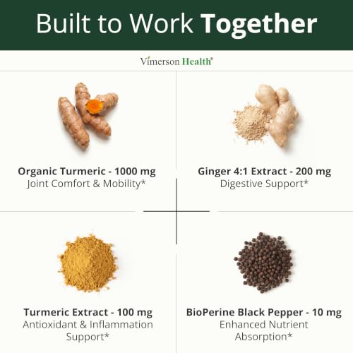 Turmeric and Ginger Supplement with Organic Tumeric for Daily Joint Support, Digestive & Immune Health – with Ginger & Black Pepper Extract (BioPerine) for Enhanced Absorption – Non-GMO – 60 Capsules