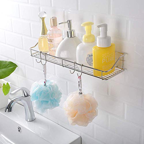KESOL Shower Caddy Wall Shelf with Hooks, 2 Installation Methods Basket Shelf for Kitchen & Bathroom Accessories, SUS304 Stainless Steel