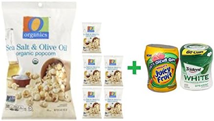 O Organics Organic Popcorn Sea Salt &amp; Olive Oil - 5 Oz ( 6 PACK )+ Fruity Chews Gum Watermelon 1/60 Count + Trident Go Cup Spearmint 1/60 Count (BUNDLE)