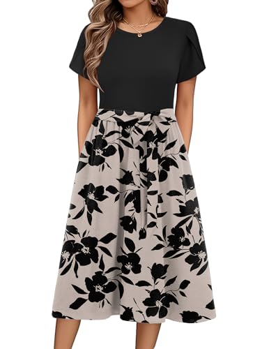ZEAGOO Summer Dress Women's Elegant Dresses Short Sleeve Crew Neck Midi Dress A-line Flower Dress Casual Tunic Dress High Waist Beach Dress with Pockets S-XXL