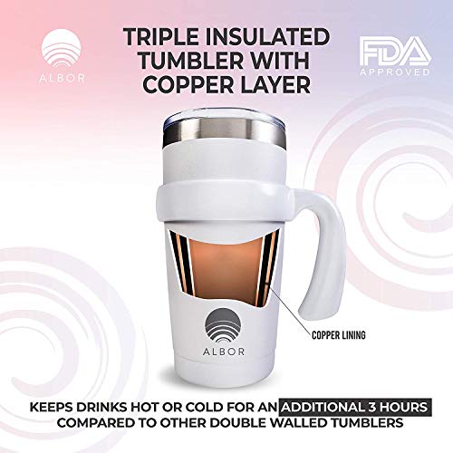 Albor Triple Insulated Stainless Steel Tumbler 20 oz White Coffee Travel Mug With Handle