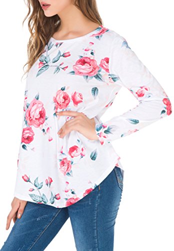 Women's Floral Print Crew Neck Long Sleeve Shirts Casual Blouse Tops White M