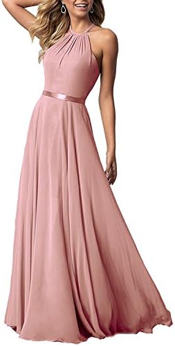 Women's Halter Long Bridesmaid Dresses Open Back A-line Formal Evening Party Gowns