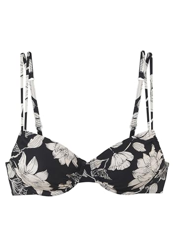 s.Oliver Black and White Floral Underwired Bikini Top, Black-Creme, 36 / D