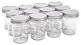 North Mountain Supply 8 Ounce Glass Regular Mouth Tapered Mason Canning Jars - With Silver Safety Button Lids - Case of 12