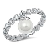 Round Eternity Band & Dangle Simulated Pearl .925 Sterling Silver Ring Sizes 7