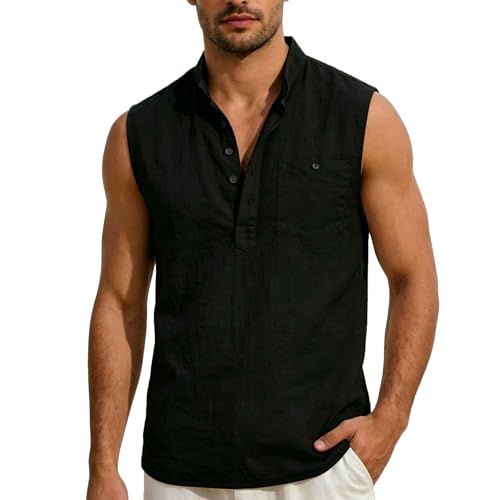 ATRACTIVOLL Camiseta Tirantes Hombre Camisa de Lino Hawaianas Playa Camiseta sin Mangas Henley Transpirable Camiseta Básica Tank Top Tiempo Libre Deporte Chalecos con Bolsillo Gym Gimnasio Fitness