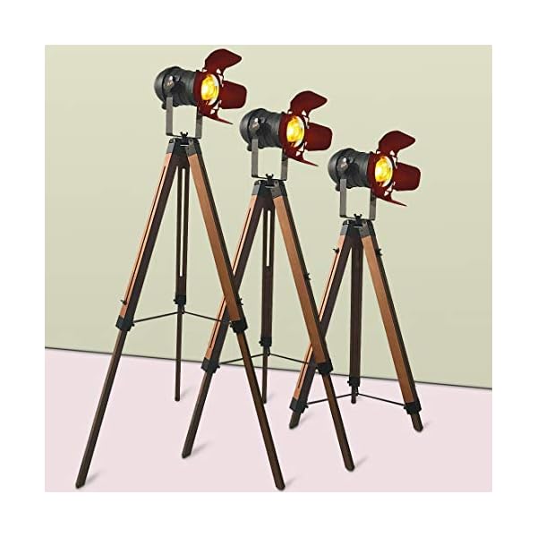 Barcelona LED Vintage Stehleuchte Tripod Stehlampe Deckenfluter im Cinema Stil, mit Dreifuß aus Holz Stativ Holz… – Bild 5