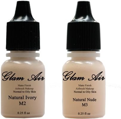 (2)Two Glam Air Airbrush Makeup Foundations M2 Natural Ivory &amp; M3 Natural Nude for Flawless Looking Skin Matte Finish For Normal to Oily Skin (Water Based)0.25oz Bottles by Glamair