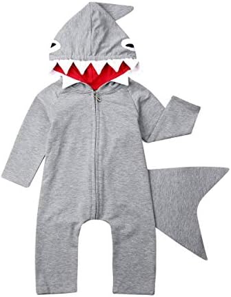 Newborn Infant Kids Boys Girls Cute Cartoon Shark Long Sleeve Zipper Hooded Romper Jumpsuit Top Outfits Clothes